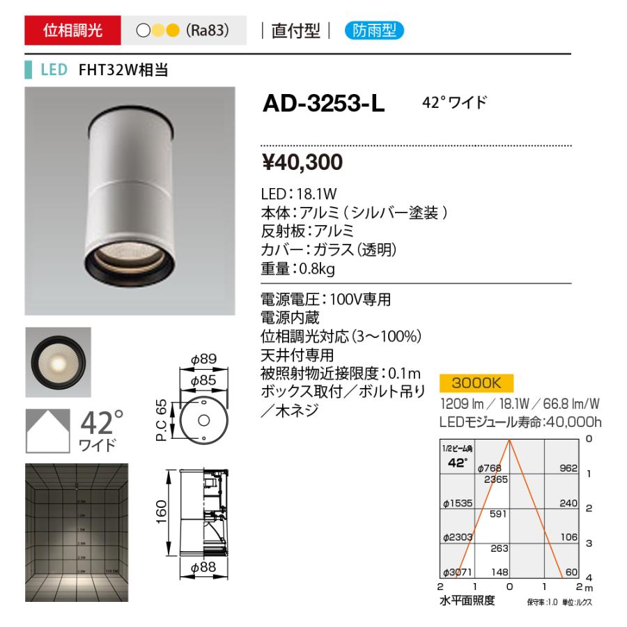 ｙａｍａｄａ　軒下シーリングベースライト　電球色　Ra83　LED一体型　防雨　専用調光器対応　直付け　42°　AD-3253-L_1