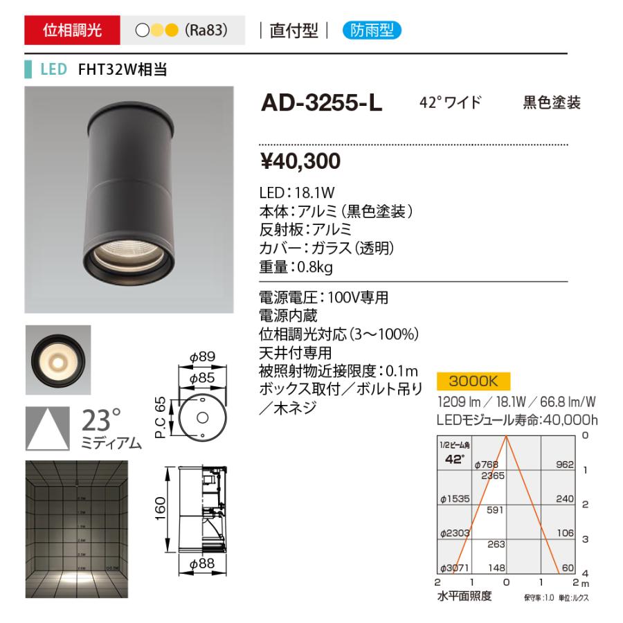 ｙａｍａｄａ　軒下シーリングベースライト　電球色　Ra83　LED一体型　防雨　専用調光器対応　直付け　42°　AD-3255-L_1