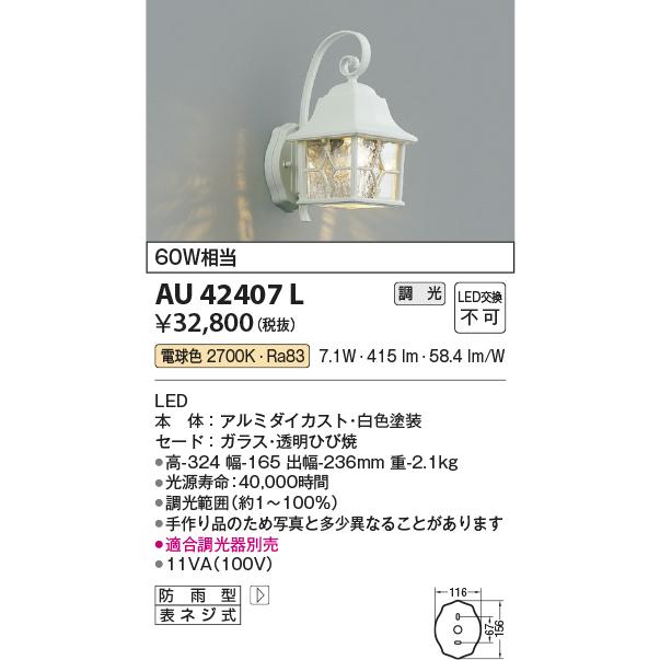 KOIZUMI　LED防雨型ブラケット　白熱電球６０Ｗ相当　(ランプ付)　電球色　２７００Ｋ　AU42407L｜alllight｜02