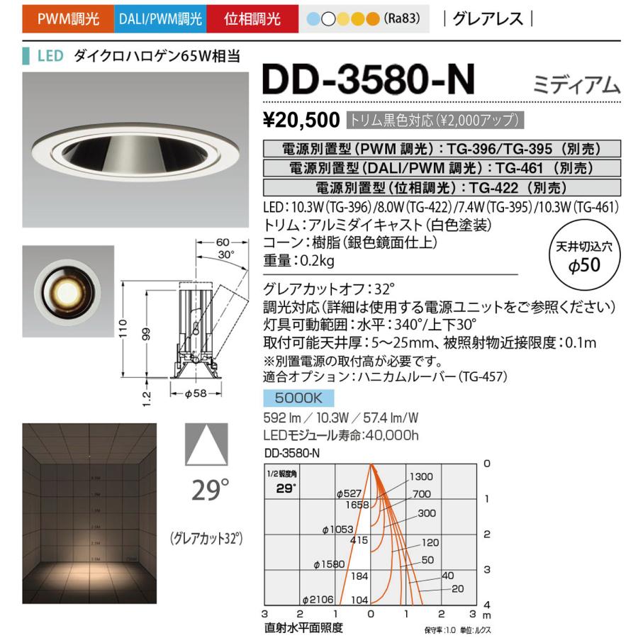 ｙａｍａｄａ　屋内ダウンライト　LED一体型　昼白色　Ra83　ダイクロハロゲン65W相当　電源別売　専用調光器対応　埋込穴φ50mm　29°　DD-3580-N_1