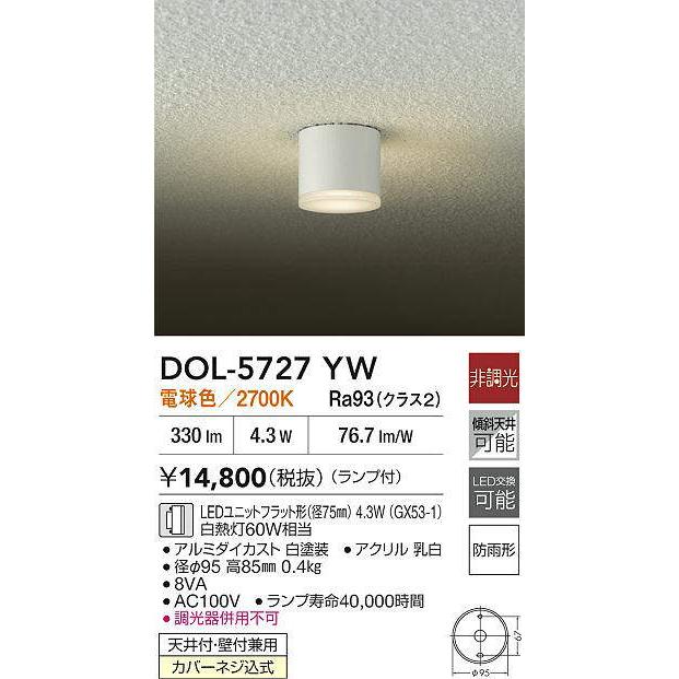 DAIKO　LED軒下シーリングダウンライト 直付用 白熱灯60W相当 (ランプ付) 防雨形 白 電球色 2700K　DOL-5727YW_1