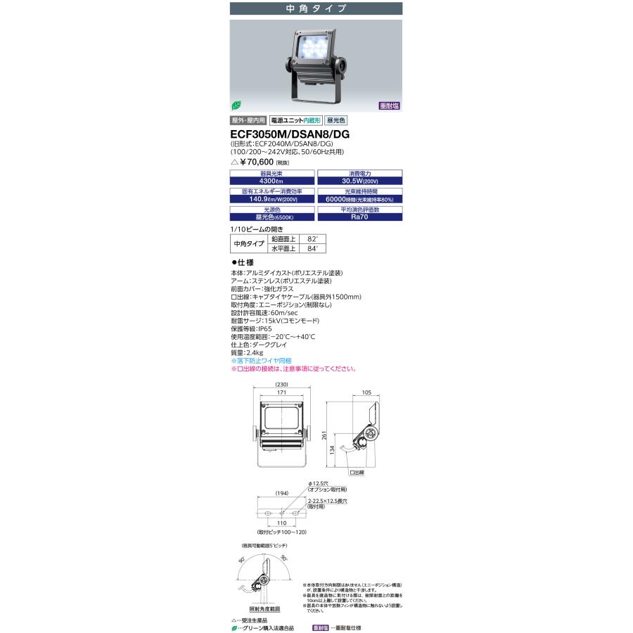 岩崎 LED投光器 レディオックフラッドネオ LED・電源ユニット内蔵形 30クラス 本体色：ダークグレイ 中角タイプ 昼光色 ECF3050M/DSAN8/DG ※受注生産品の画像