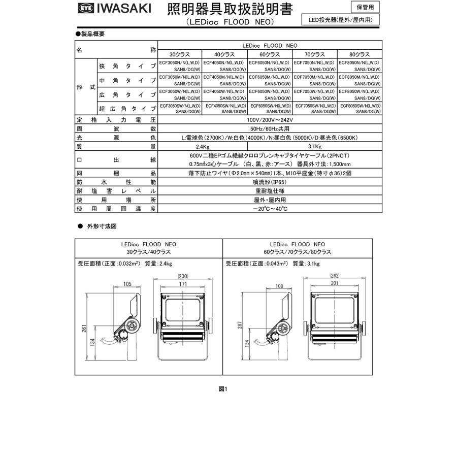 岩崎 LED投光器 レディオックフラッドネオ LED・電源ユニット内蔵形 40クラス 本体色：ダークグレイ 中角タイプ 昼光色 ECF4050M/DSAN8/DG ※受注生産品の画像