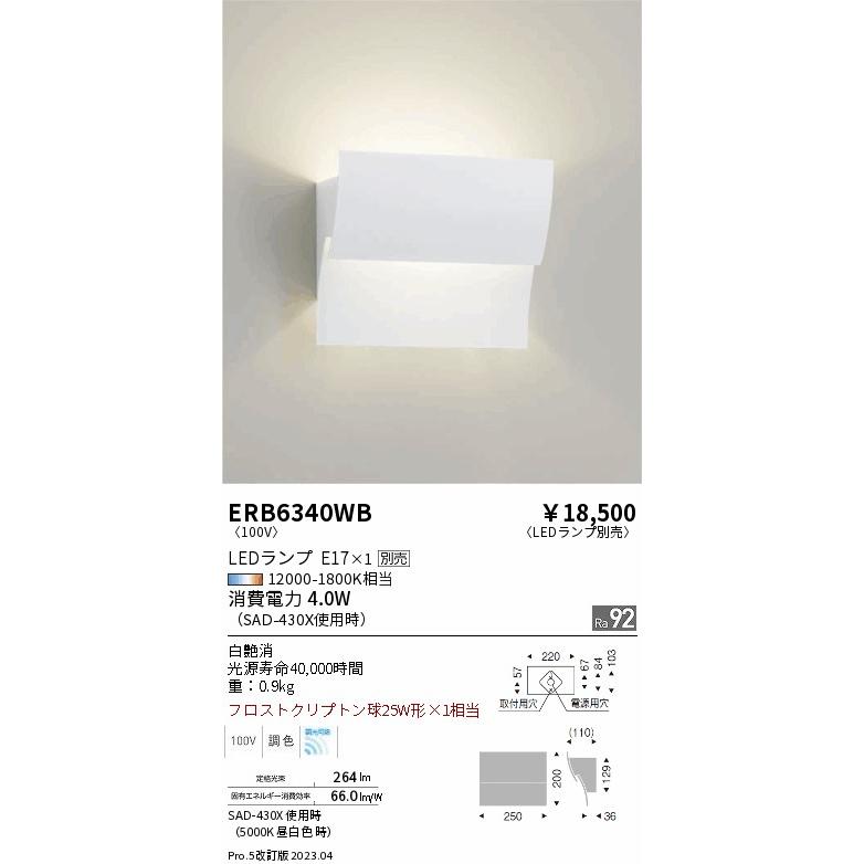 ENDO　LEDブラケット 屋内用 6500K-2700K フロストクリプトン球40W形相当　ERB6340WB（ランプ別売）_1