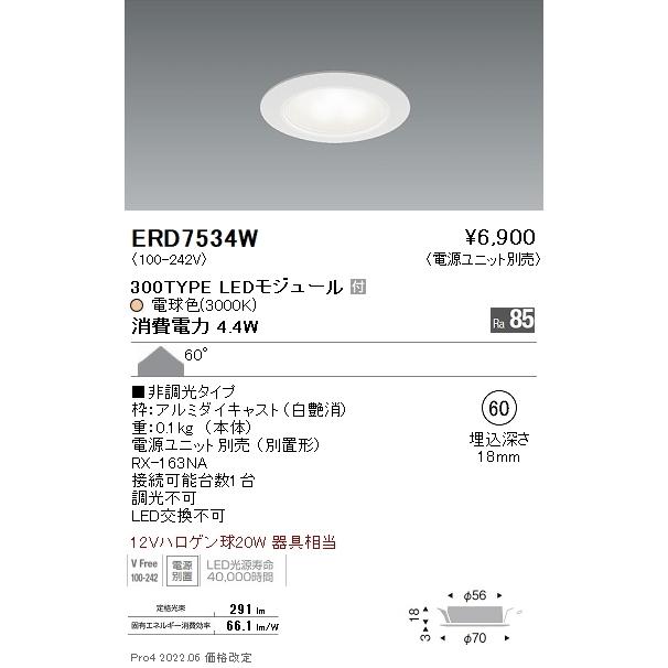 ENDO Rs LEDミニダウンライト 600タイプ 3000K 12Vハロゲン球20W相当 埋込φ60 白 ERD7534W （ランプ付