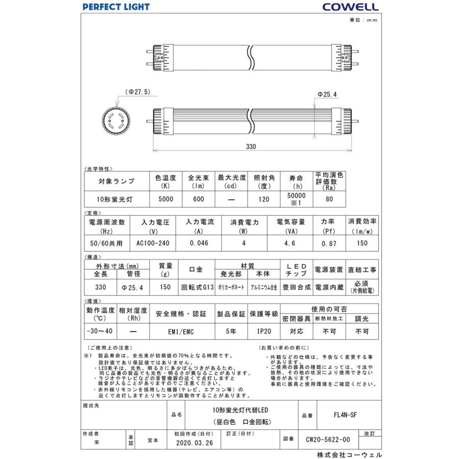 COWELL 直管LEDランプ(LED蛍光灯) 10形 5000K 昼白色相当 商品