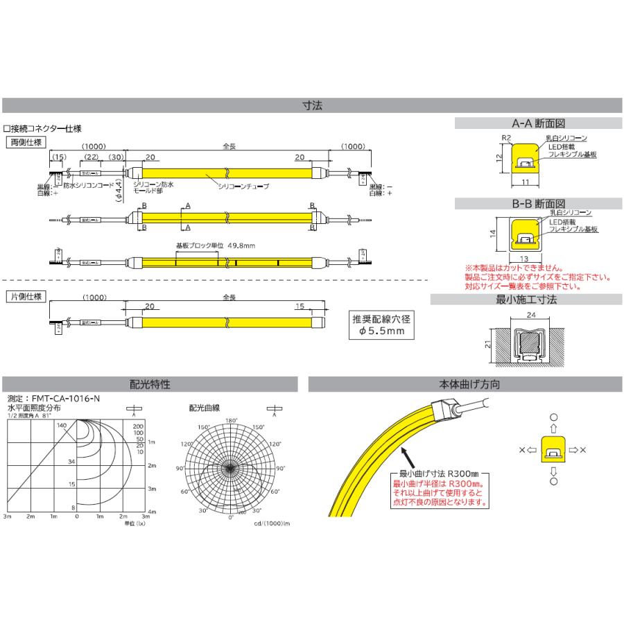 FKK LEDテープライト 屋外用 DC24V フレアライン ミニトップ アウトドア 3556(3551)mm ()内片側配線 (トランス・コード別売) FMT-CA-3556(3551) ※受注生産品の画像