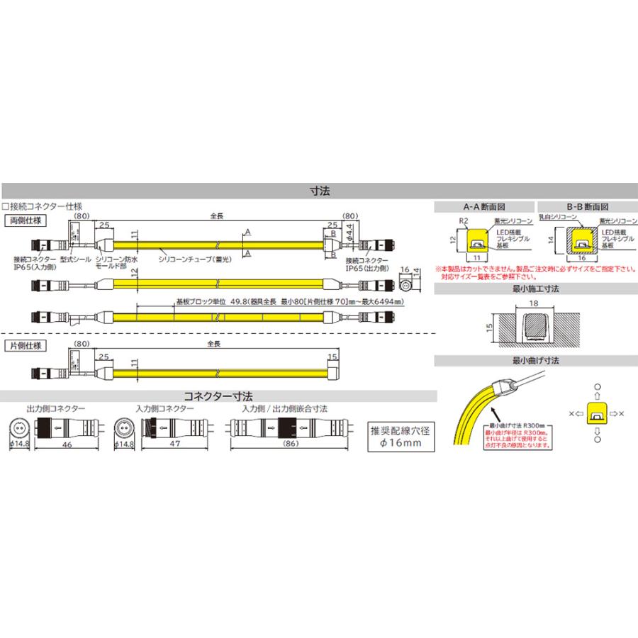 通常配送料無料 FKK　LEDテープライト 屋外軒下 DC24V フレアラインミニトップPLC 蓄光青 両側コネクタ 428mm 3000K (トランス・コード別売)　FMT-PBA-428-L30 ※受注生産品