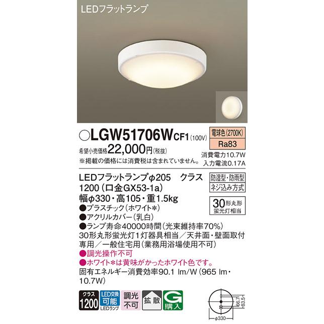Panasonic LGW51706WCF1 LEDフラットランプ (未開梱) Panasonic（パナソニック） 浴室・洗面 シーリングライト/ブラケット