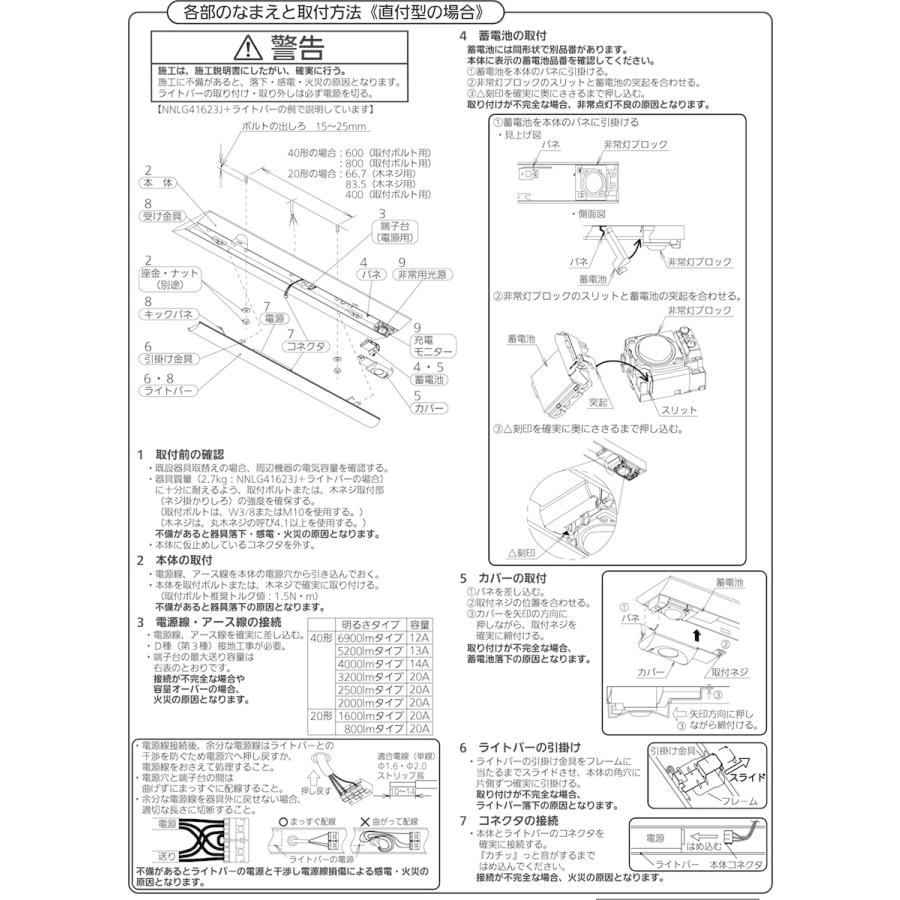 パナソニック　LEDベースライト 非常用照明器具 本体 リニューアル専用 電源内蔵 40形 直付型 Dスタイル(逆富士型) W230 ライトバー別売　NNLG41123｜alllight｜06