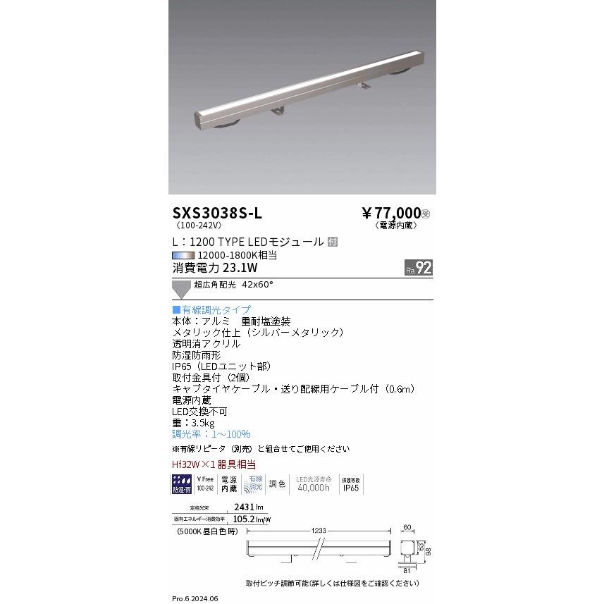 ENDO　LEDアウトドア リニアスポットライト L1200タイプ 12000K-1800K シルバー Hf32W相当 有線調光 超広角　SXS3038S-L (ランプ付) ※受注生産品_1