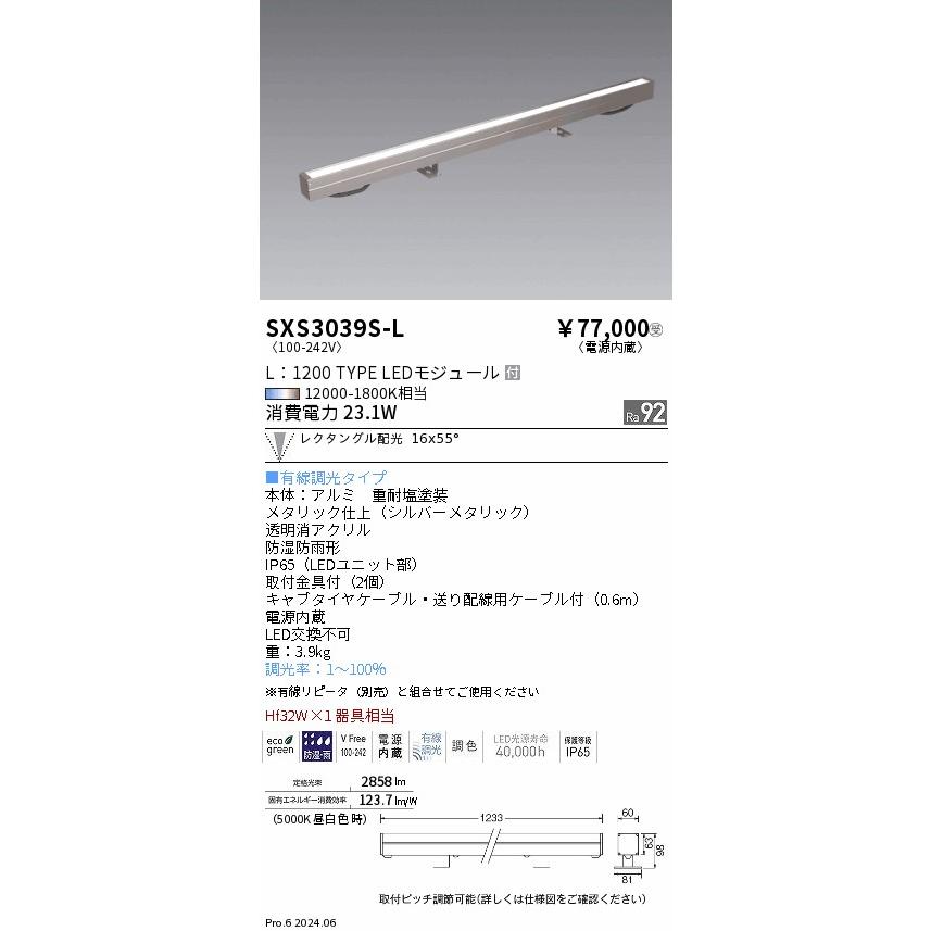 ENDO　LEDアウトドア リニアスポットライト L1200タイプ 12000K-1800K シルバー Hf32W相当 有線調光 レクタングル　SXS3039S-L (ランプ付) ※受注生産品_1
