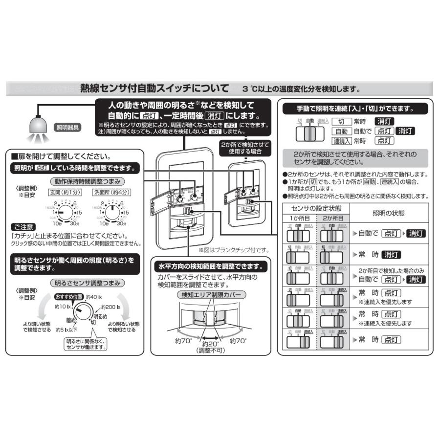 パナソニック　コスモシリーズワイド21 壁取付熱線センサ付自動スイッチ 2線式・3路配線対応 LED専用 スイッチスペース付 1.2A 100Ｖ AC ホワイト　WTK18115WK｜alllight｜03