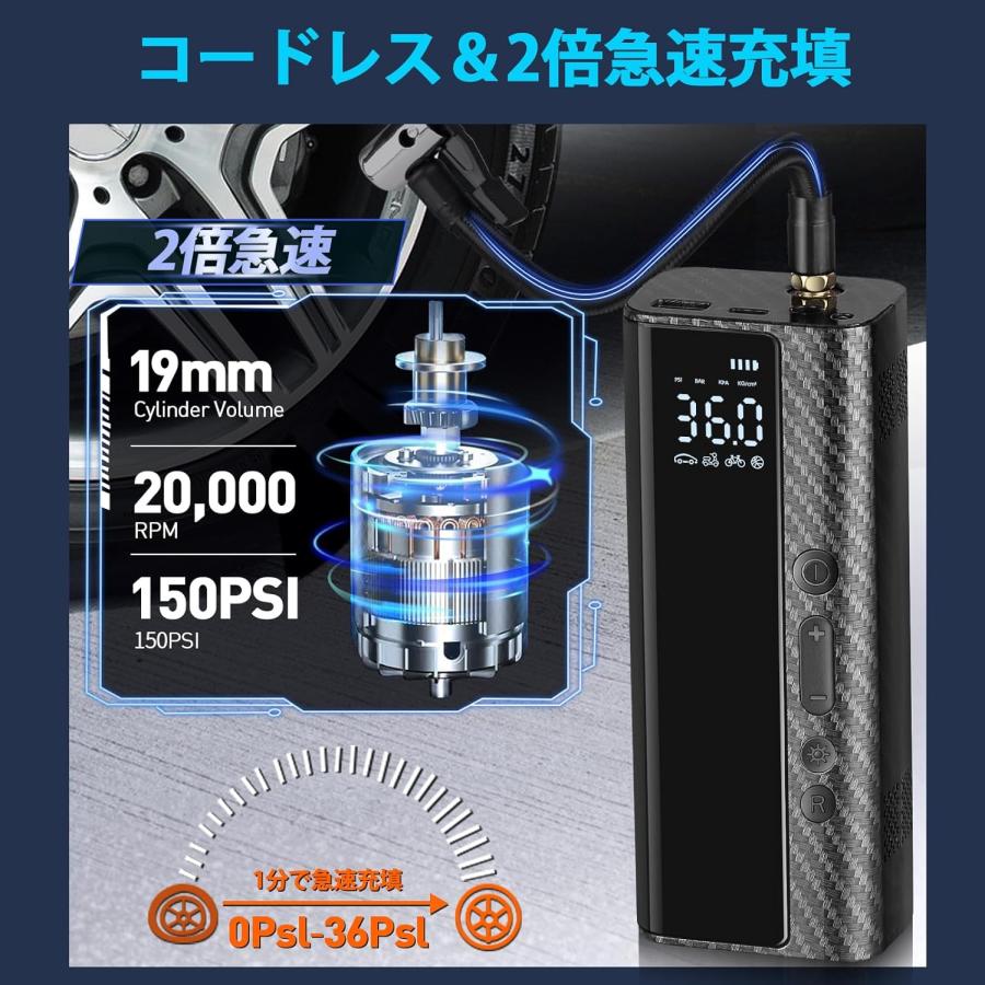 電動空気入れ 液晶ディスプレイ LEDライト 4000mAh 電動空気入れ 車 自転車 バイク用 USB充電式 エアーコンプレッサー