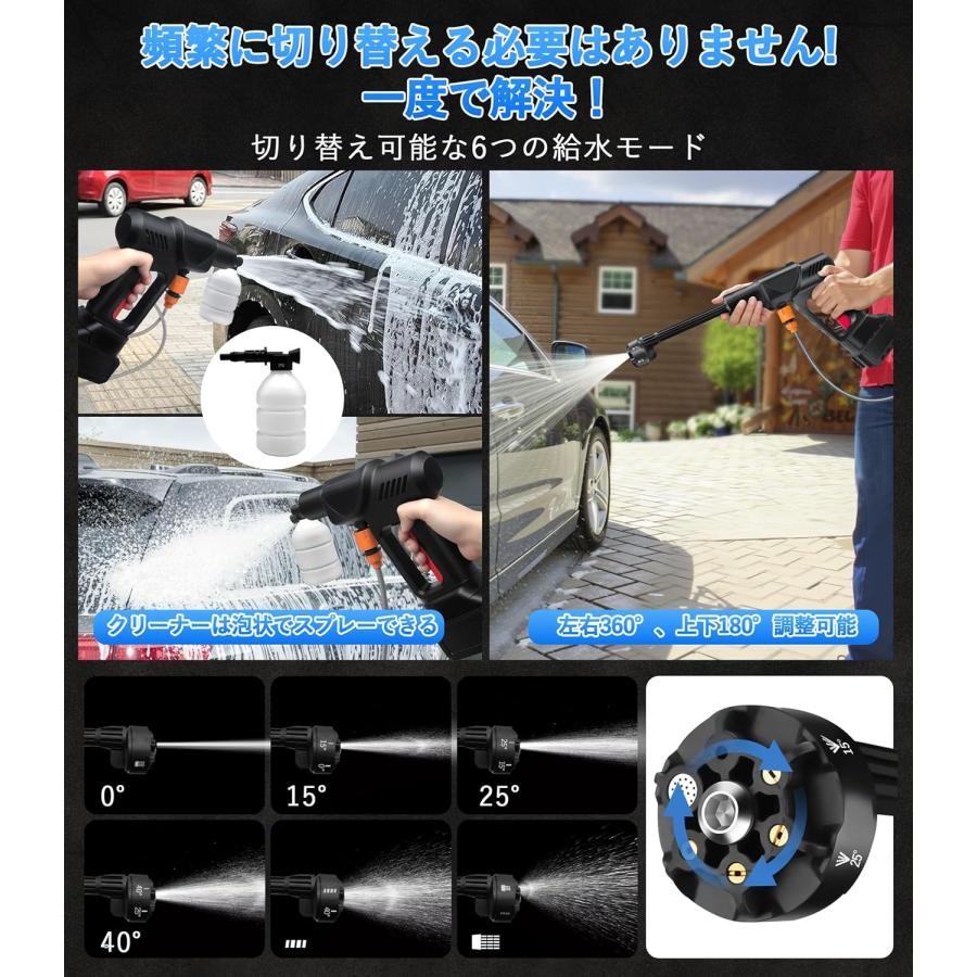 高圧洗浄機 コードレス 充電式 6 in 1ノズル 自吸式噴射距離10M 多機能