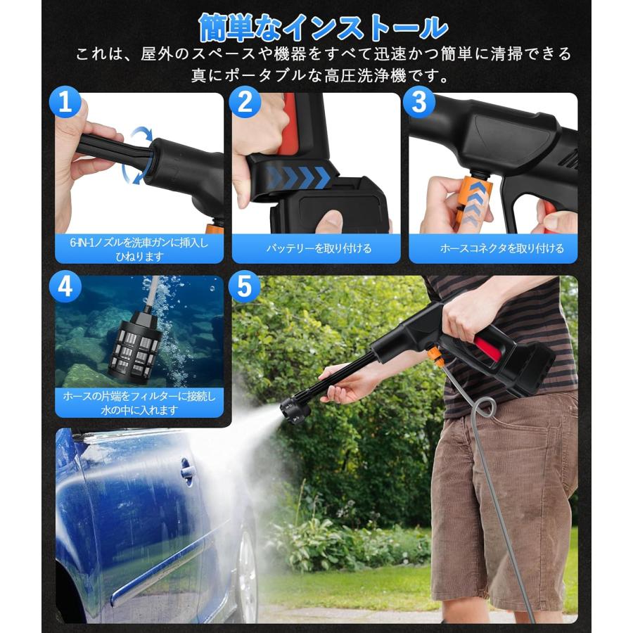 高圧洗浄機 コードレス 充電式 6 in 1ノズル 自吸式噴射距離10M 多機能