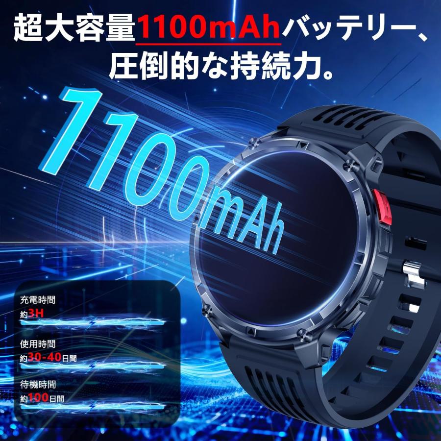 スマートウォッチ 1.7インチ 1100mAh高?航バッテリー 軍用規格 懐中 