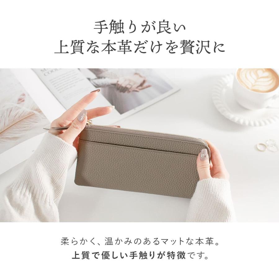 RafiCaro ラフィカロ エタン色のL字ファスナー長財布を手で持った拡大画像で、マットな本革の説明