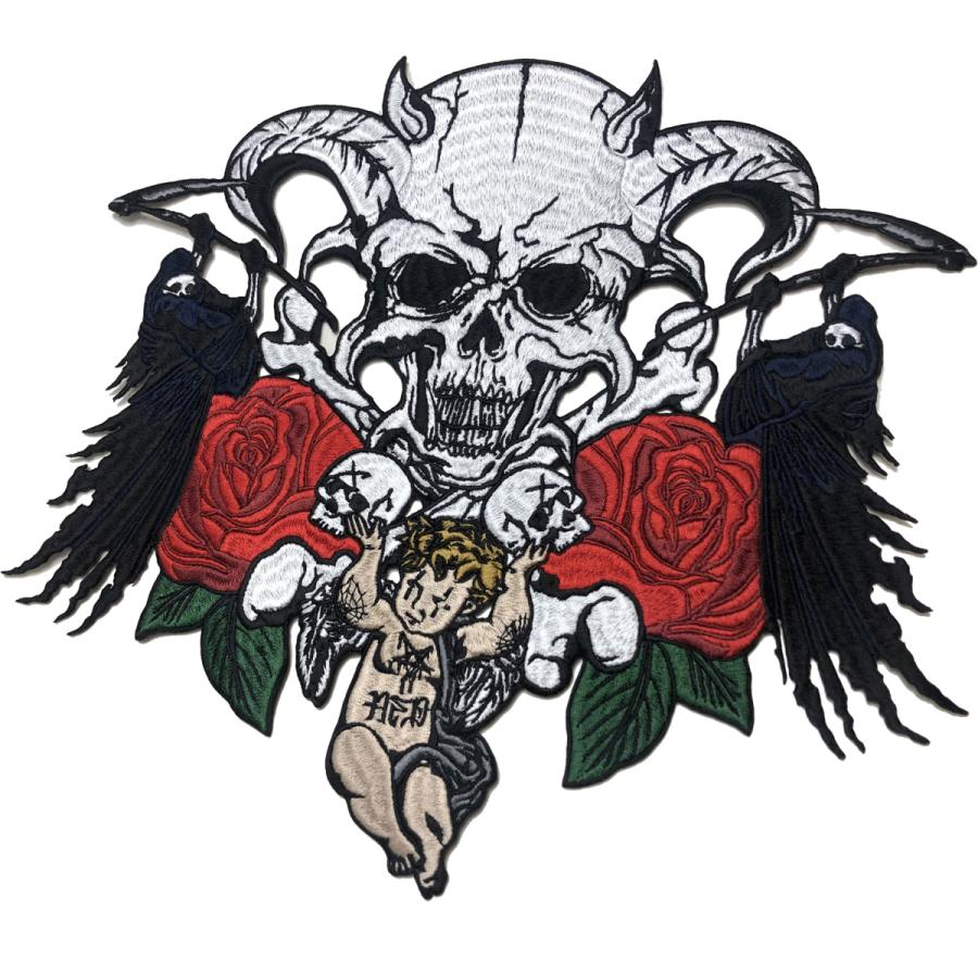 ANGEL wappen デスエンジェル ワッペン 300mm x 275mm【ゆうパケット対象】エンジェル 堕天使 スカル ペンタグラム 骸骨 薔薇 【RACING】