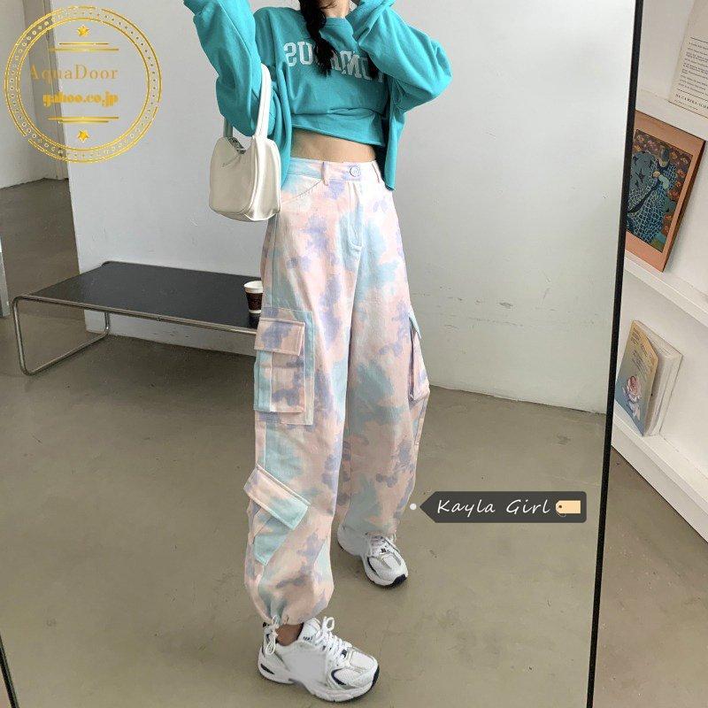注目ショップ ブランドのギフト カーゴパンツレディースタイダイ柄原宿風ヒップホップダンスボトムスズボンワイドパンツ韓国ファッションハイウエスト ストリート系運動パンツ