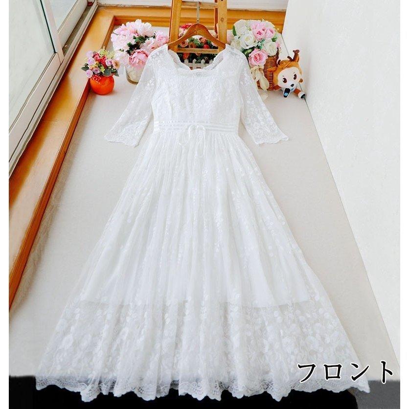 レースワンピース森ガール七分袖花柄ドレス白ワンピリゾート