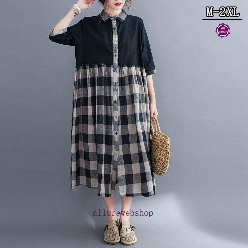 ファッション 深緑 ふかみどり ワンピース チュニック レディース 春 夏 5分袖 ロングワンピース 綿麻 リネン チェック柄 無地 体型カバー 着痩せ 切替 シャツワンピース マキシ カジュアル Tmlj9ewch5 Www Guillermobogao Com