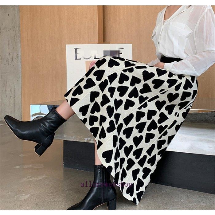 生地しっかりハート柄ニットスカート ハート模様ニットスカート フレア