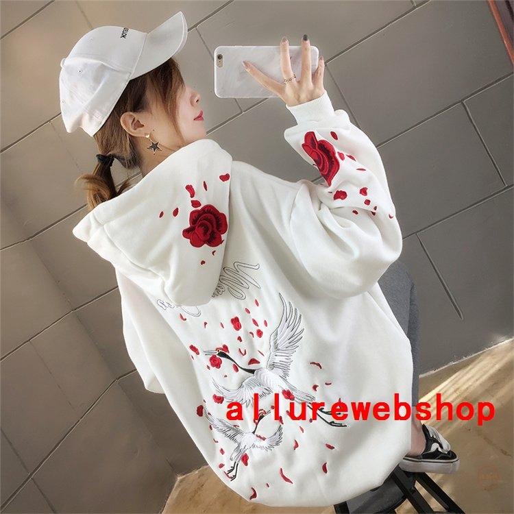 パーカー レディース 春 ビッグパーカー 刺繍鶴柄 薄手 カットソー 長袖 ドロップスリーブ フード 刺しゅう 22 最大48 Offクーポン