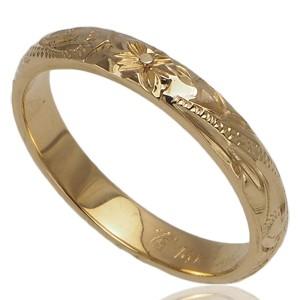 ハワイアンジュエリー リング 指輪 3色のゴールドカラーから選べる 手彫り 3mm幅 14K ゴールド スクロールリングの画像
