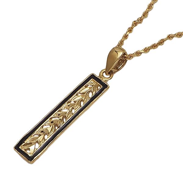 ハワイアンジュエリー ペンダント 14K イエローゴールド 透かし マイレ リーフ トップ ブラックエナメルの画像