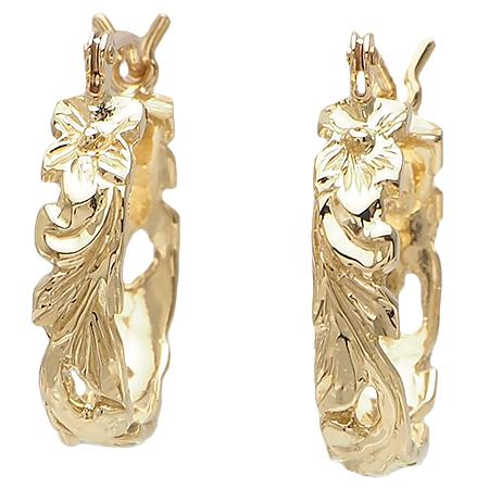ハワイアンジュエリー ピアス イヤリング 14ｋ イエロー ピンク ホワイト グリーン ゴールド プルメリア スクロール フープ ピアス レディース メンズの画像