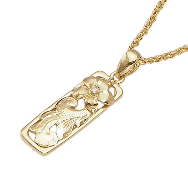 ハワイアンジュエリー 14K ゴールド ペンダント 透かし スクロール プルメリア ダイヤモンドトップの画像