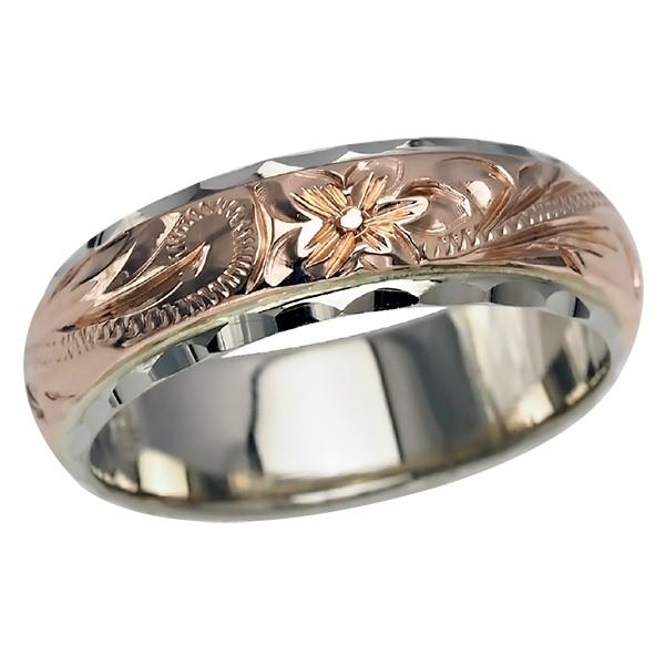 ハワイアンジュエリー リング 指輪 オーダーメイド 幅6mm 14K ゴールド 2トーンリング バレルリング ハワイ製 手彫りリング メンズ