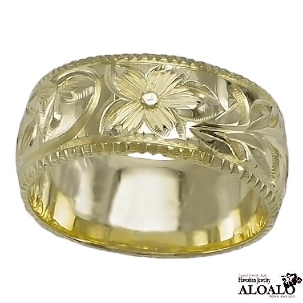 ハワイアンジュエリー リング 指輪 結婚指輪 オーダーメイド 重厚な立体感2mm厚 幅8mm 14k グリーンゴールド バレルリング