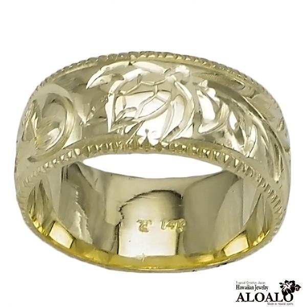 ハワイアンジュエリー リング 指輪 結婚指輪 オーダーメイド 重厚な立体感2mm厚 幅8mm 14k グリーンゴールド バレルリング_1