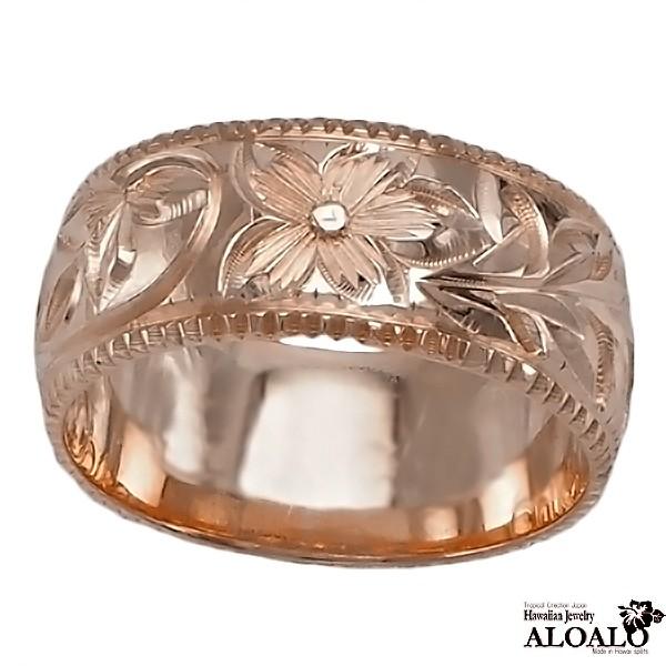 ハワイアンジュエリー リング 指輪 結婚指輪 オーダーメイド 重厚な立体感2mm厚 幅8mm 14k ピンクゴールド バレルリング