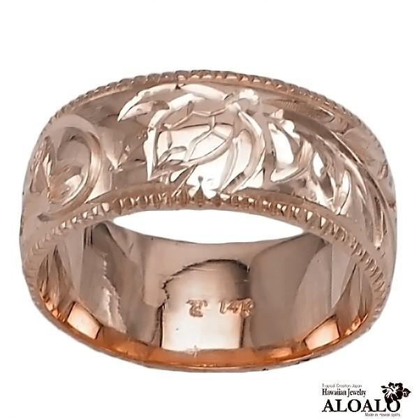 ハワイアンジュエリー リング 指輪 結婚指輪 オーダーメイド 重厚な立体感2mm厚 幅8mm 14k ピンクゴールド バレルリング_1