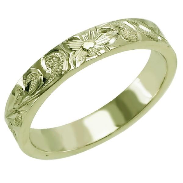 ハワイアンジュエリー リング 指輪 結婚指輪 オーダーメイド 基本の1.25mm厚 幅4mm 14k グリーンゴールド フラットリングの画像