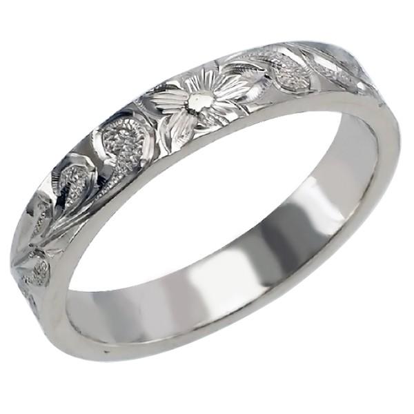 ハワイアンジュエリー リング 指輪 結婚指輪 オーダーメイド お手軽な1.0mm厚 幅4mm 14k ホワイトゴールド フラットリングの画像
