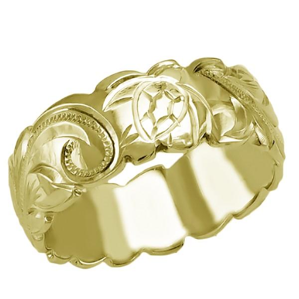 ハワイアンジュエリー リング 指輪 結婚指輪 オーダーメイド 重厚な立体感2mm厚 幅8mm 14k グリーンゴールド バレルリング_1