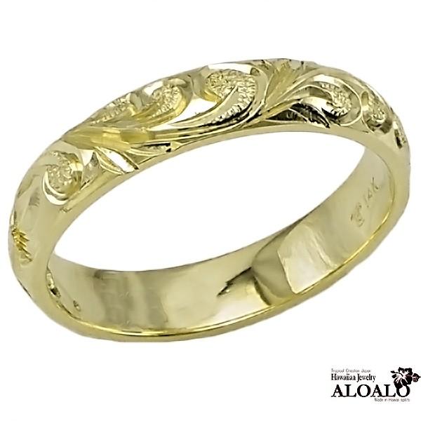 ハワイアンジュエリー リング 指輪 結婚指輪 オーダーメイド お手軽な1.25mm厚 幅4mm 14k グリーンゴールド バレルリングの画像
