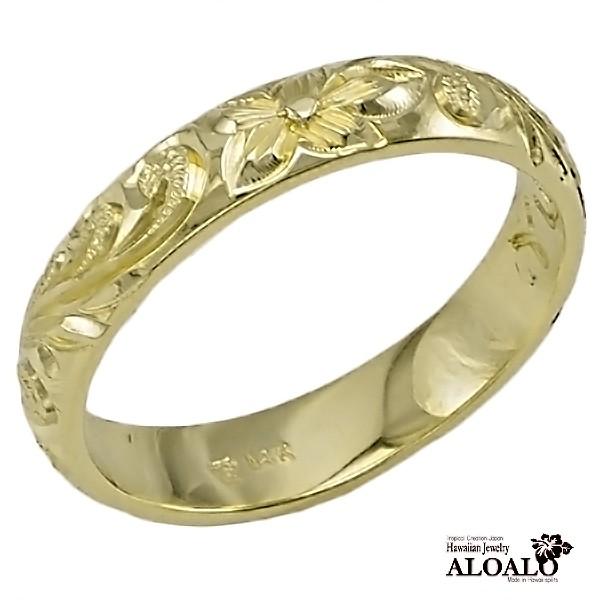 ハワイアンジュエリー リング 指輪 結婚指輪 オーダーメイド お手軽な1.25mm厚 幅4mm 14k グリーンゴールド バレルリングの画像