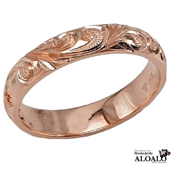 ハワイアンジュエリー リング 指輪 結婚指輪 オーダーメイド お手軽な1.25mm厚 幅4mm 14k ピンクゴールド バレルリングの画像