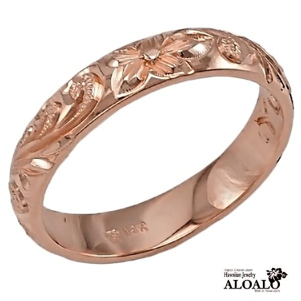 ハワイアンジュエリー リング 指輪 結婚指輪 オーダーメイド お手軽な1.25mm厚 幅4mm 14k ピンクゴールド バレルリングの画像