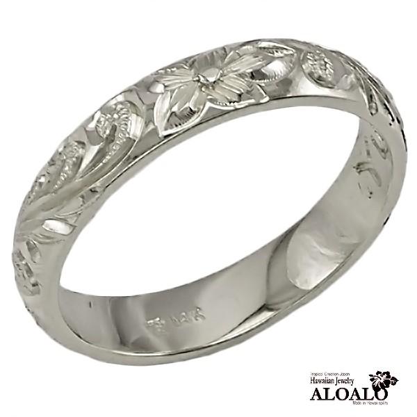 ハワイアンジュエリー リング 指輪 結婚指輪 オーダーメイド 基本の1.5mm厚 幅4mm 14k ホワイトゴールド バレルリングの画像