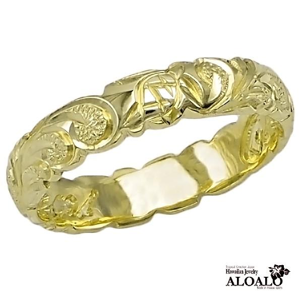 ハワイアンジュエリー リング 指輪 結婚指輪 オーダーメイド お手軽な1.25mm厚 幅4mm 14k グリーンゴールド バレルリングの画像