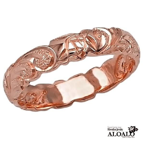 ハワイアンジュエリー リング 指輪 結婚指輪 オーダーメイド お手軽な1.25mm厚 幅4mm 14k ピンクゴールド バレルリングの画像