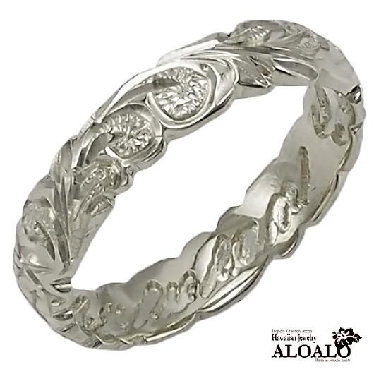 ハワイアンジュエリー リング 指輪 結婚指輪 オーダーメイド 基本の1.5mm厚 幅4mm 14k ホワイトゴールド バレルリングの画像