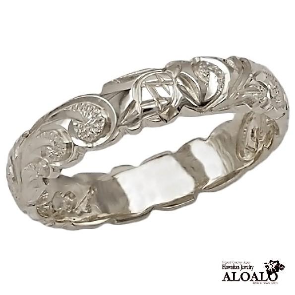ハワイアンジュエリー リング 指輪 結婚指輪 オーダーメイド 基本の1.5mm厚 幅4mm 14k ホワイトゴールド バレルリングの画像