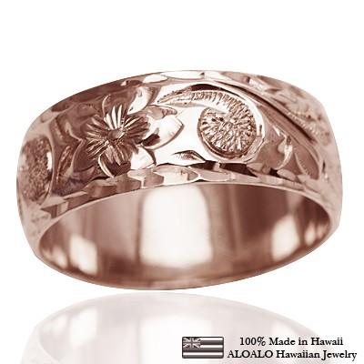 ハワイアンジュエリー リング 指輪 結婚指輪 オーダーメイド 重厚な立体感2mm厚 幅8mm 14k ピンクゴールド バレルリング